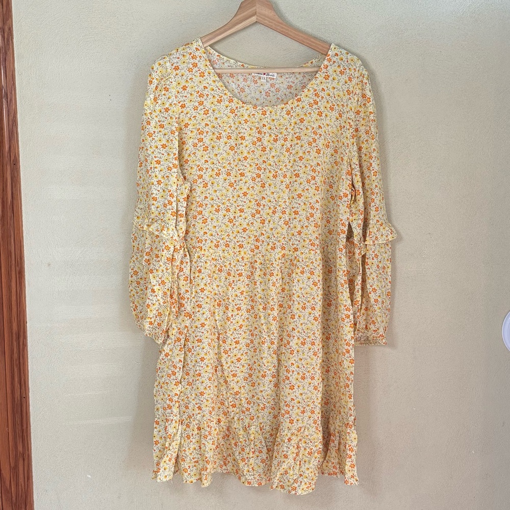 Haven Hearts Yellow Orange Floral Long Sleeve Ruffles Knee Length Dress 1X Plus
